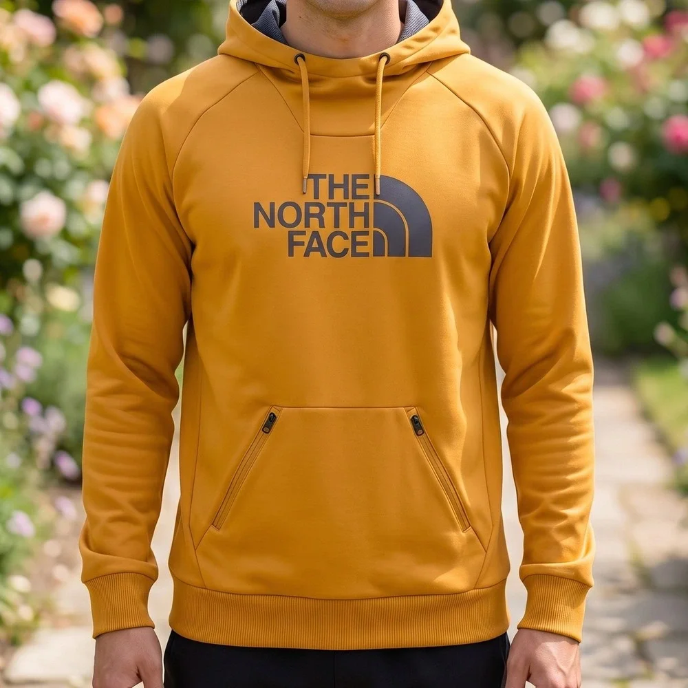 The North Face Mens Tech Pullover Hoodie Mustard Yellow Zippered Pocket Logo M